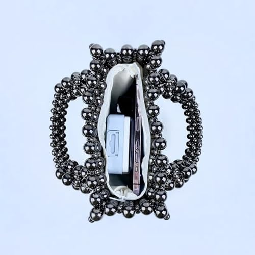 HIPIHOM Pearl Bag, Acrylic Handheld Beaded Handmade Women’s Bag, Pearl Clutch Purse Handheld Small Square Handbag for Women Party (Black) - Image 4