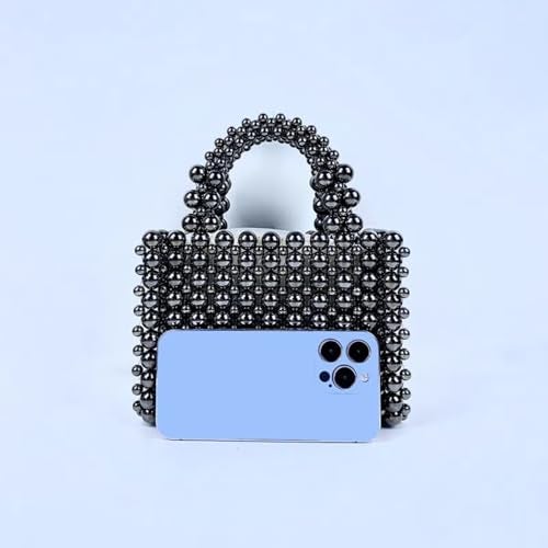 HIPIHOM Pearl Bag, Acrylic Handheld Beaded Handmade Women’s Bag, Pearl Clutch Purse Handheld Small Square Handbag for Women Party (Black) - Image 3