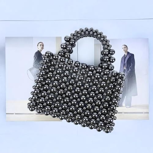 HIPIHOM Pearl Bag, Acrylic Handheld Beaded Handmade Women’s Bag, Pearl Clutch Purse Handheld Small Square Handbag for Women Party (Black) - Image 2