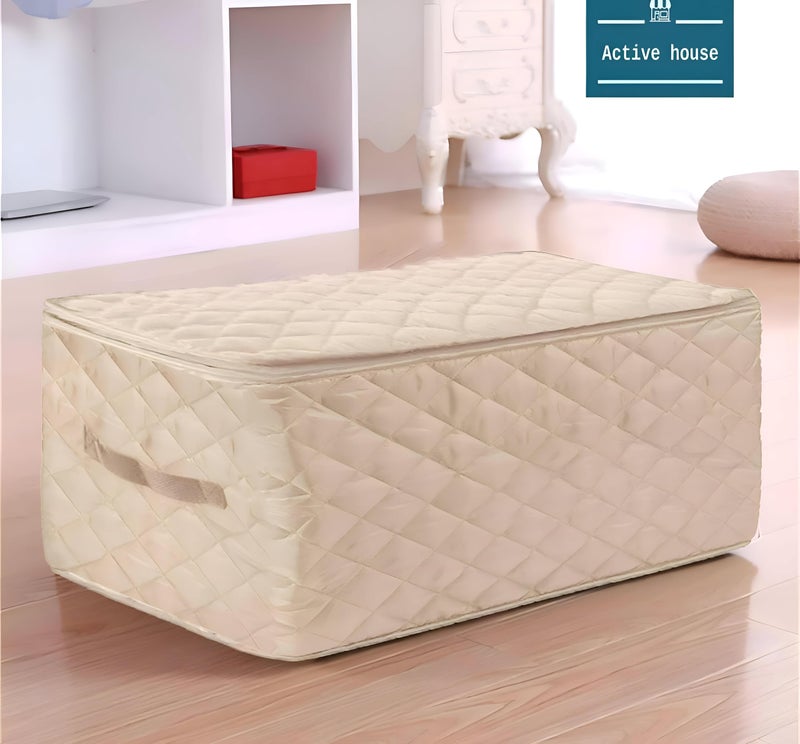 Quilted Storage - Rectangular storage bag with handles, quilted fabric, several color options, interior for clothes, linens or toys; folds flat for easy storage, perfect for home or travel. (beige) - Image 2