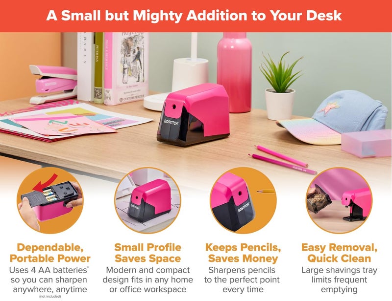 Bostitch Office Battery Pencil Sharpener, 4X Longer Cutter Life, Tip Saver Technology, Pink - Image 3