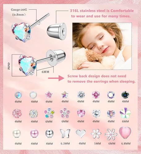 YADOCA 24Pairs Hypoallergenic Earrings for Girls Women - 𝑺𝒖𝒓𝒈𝒊𝒄𝒂𝒍 𝑺𝒕𝒆𝒆𝒍 Screw Back Earring Cute Kids Baby Toddler Earrings 4mm Tiny Screwback Flat Back Stud Earring Set Age: Over 3 Years Old - Image 2