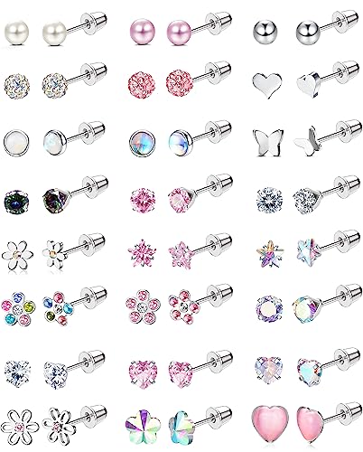 YADOCA 24Pairs Hypoallergenic Earrings for Girls Women - 𝑺𝒖𝒓𝒈𝒊𝒄𝒂𝒍 𝑺𝒕𝒆𝒆𝒍 Screw Back Earring Cute Kids Baby Toddler Earrings 4mm Tiny Screwback Flat Back Stud Earring Set Age: Over 3 Years Old - Image 1