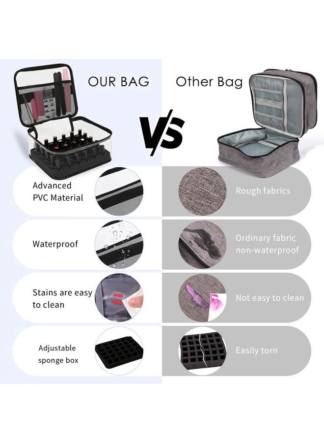 BELOVING Clear Nail Polish Organizer Bag Holds 30 Bottles PVC Nail Polish Case See-Through Nail Supplies with Manicure Tools Storage Sections, Portable Travel Nail Tech Carrying Bag for Storage Display (Black) - Image 2