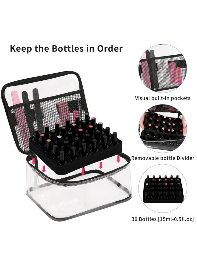 BELOVING Clear Nail Polish Organizer Bag Holds 30 Bottles PVC Nail Polish Case See-Through Nail Supplies with Manicure Tools Storage Sections, Portable Travel Nail Tech Carrying Bag for Storage Display (Black) - Image 5