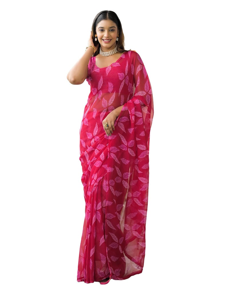 SIRIL Women's Chiffon Floral Printed Saree With Unstitched Blouse (4787S133_Red) - Image 1
