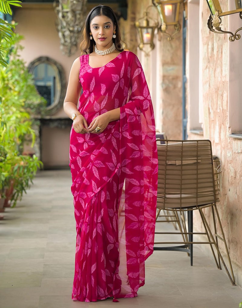 SIRIL Women's Chiffon Floral Printed Saree With Unstitched Blouse (4787S133_Red) - Image 2