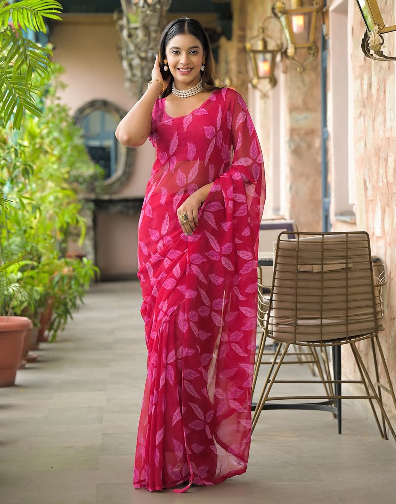 SIRIL Women's Chiffon Floral Printed Saree With Unstitched Blouse (4787S133_Red) - Image 5
