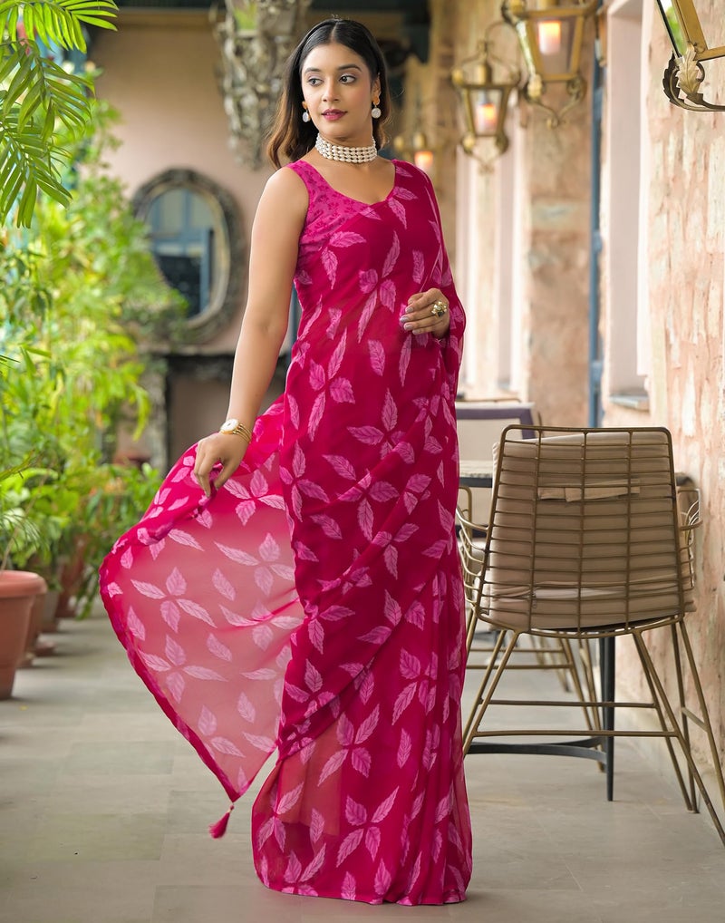 SIRIL Women's Chiffon Floral Printed Saree With Unstitched Blouse (4787S133_Red) - Image 4