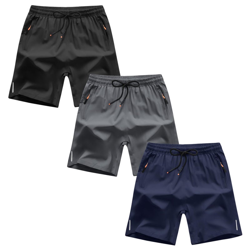 ANHDM Boys Athletic Shorts Quick Dry Sport Shorts Lightweight Running Shorts with Zipper Pockets (Pack of 3), Z/Black&Grey&Navy, 11-12T - Image 1