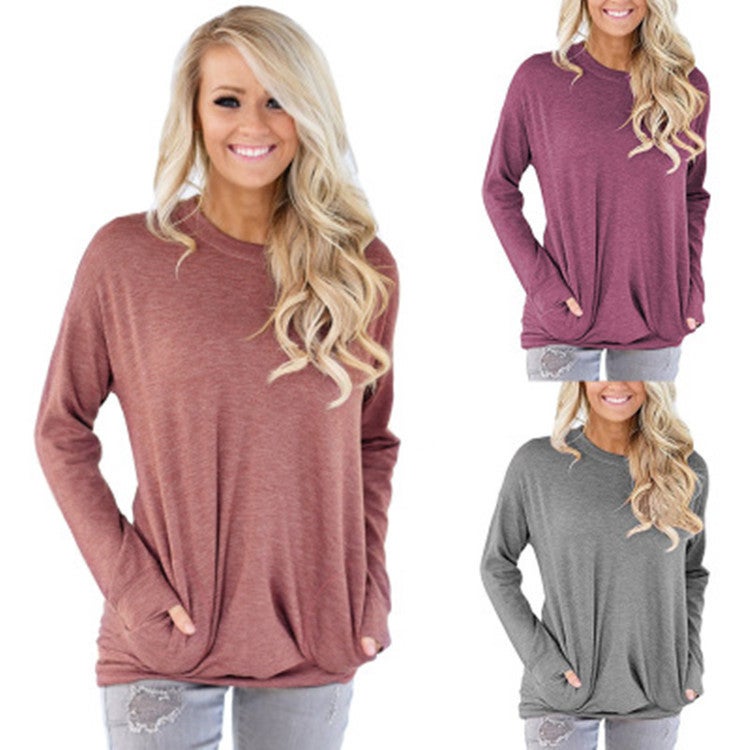 2022 Cross-border Autumn Women's Round Neck Bat Long Sleeve Pocket Solid Color Loose T-Shirt 11 Colors 5 Yards black M - Image 2
