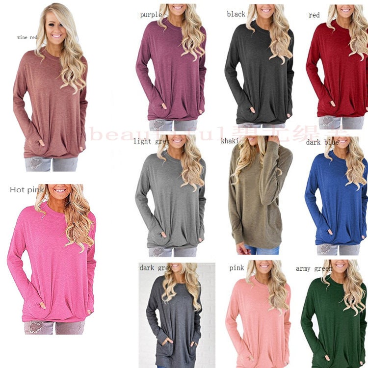 2022 Cross-border Autumn Women's Round Neck Bat Long Sleeve Pocket Solid Color Loose T-Shirt 11 Colors 5 Yards black M - Image 1
