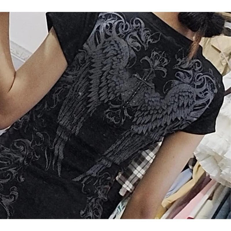MANGMAO Grunge Shirts 2000s Clothing Women Vintage Graphic Tees Y2k Short Sleeve Goth Tops Teens Emo Clothes Streetwear (Black White,Medium) - Image 3