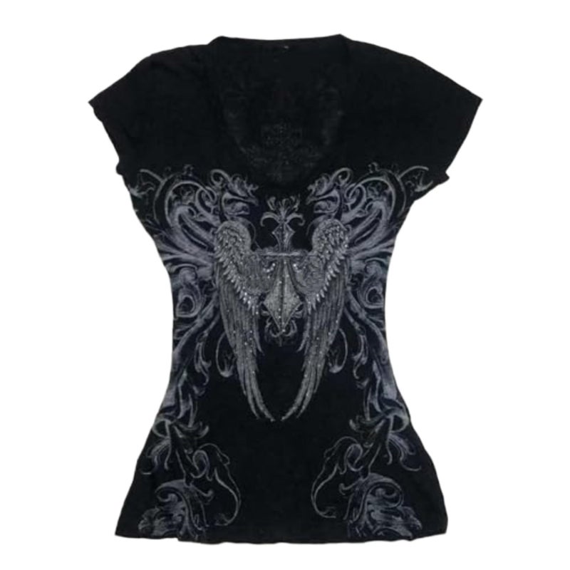 MANGMAO Grunge Shirts 2000s Clothing Women Vintage Graphic Tees Y2k Short Sleeve Goth Tops Teens Emo Clothes Streetwear (Black White,Medium) - Image 1