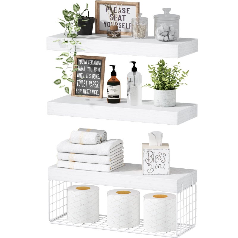 QEEIG Bathroom Shelves Over Toilet Wall Mounted Floating Shelves Toilet Paper Storage Small Farmhouse Decor Shelf 16 inch Set of 3 White 019W3