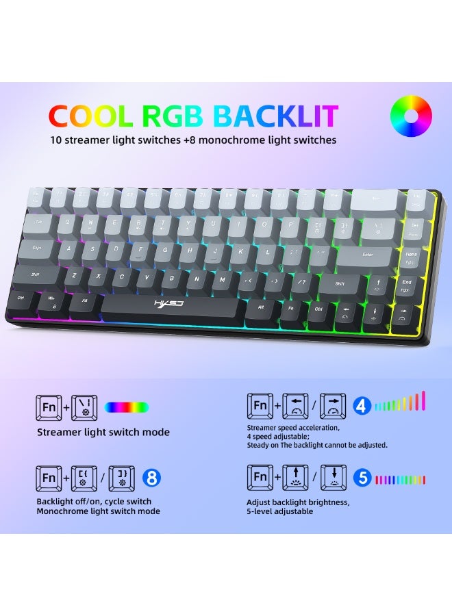 إتش إكس إس جيه لوحة مفاتيح ألعاب V200 ثنائية الألوان متدرجة الألوان، 68 مفتاحًا سلكيًا بإضاءة RGB، مفتاح ميكانيكي ملمس، لأجهزة الكمبيوتر الشخصية والكمبيوتر المحمول، لوحة مفاتيح صغيرة - Image 2