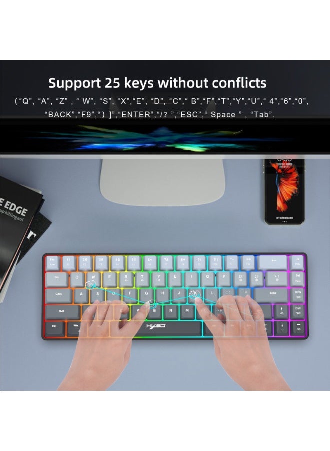 إتش إكس إس جيه لوحة مفاتيح ألعاب V200 ثنائية الألوان متدرجة الألوان، 68 مفتاحًا سلكيًا بإضاءة RGB، مفتاح ميكانيكي ملمس، لأجهزة الكمبيوتر الشخصية والكمبيوتر المحمول، لوحة مفاتيح صغيرة - Image 4