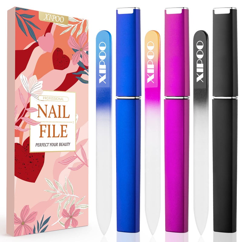 XIPOO Premium Glass Nail Files 3 Pack with Case Crystal Salon Manicure Tool for Natural Nails Gift for Women and Girls