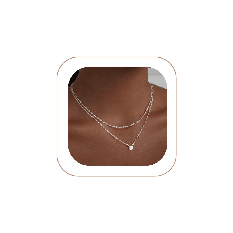 Pancert Layered Silver Necklace for Women Sterling Silver Plated Necklace Diamond Choker Necklace Set Simple Silver Jewelry for Women Stack Dainty CZ Charm Trendy Jewelry Accessories - Image 1