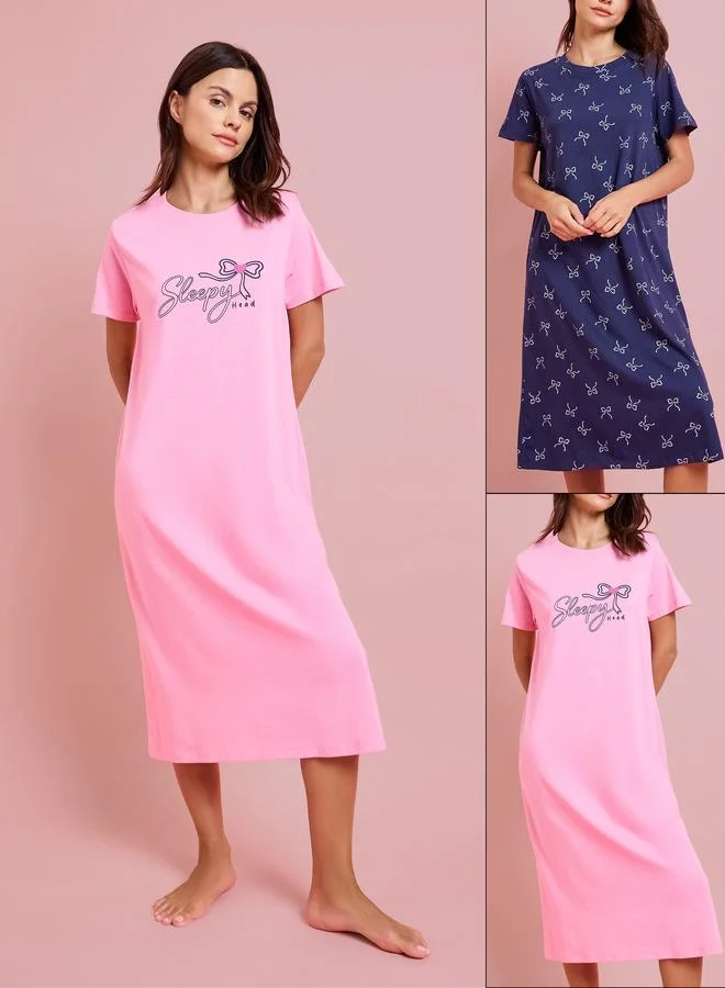 ستايلي Pack of 2 - Bow Print Graphic Print Sleep T-Shirt Dress