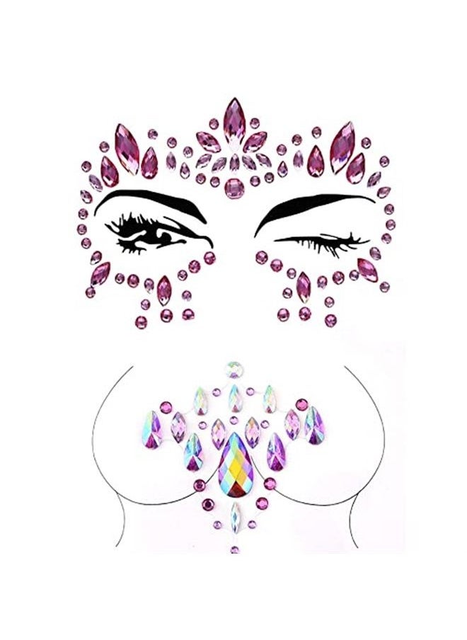 Blindery - Mermaid Pink Face Gems Rhinestone Face Jewels Tattoo Rave Body Stickers Festival Chest Gems for Women and Girls 2PCS (Face Gem2) - Image 1