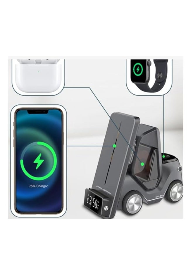Generic - 5 in 1 Car-Shaped Table Top Wireless Charger Adapter Fast for Apple Devices for iPhone 15/14/13/12 Series for AirPods Pro/3/2 for Apple Watch/iWatch Support Alarm Clock Light T20 and Charging Stands T20 (Gray) - Image 1