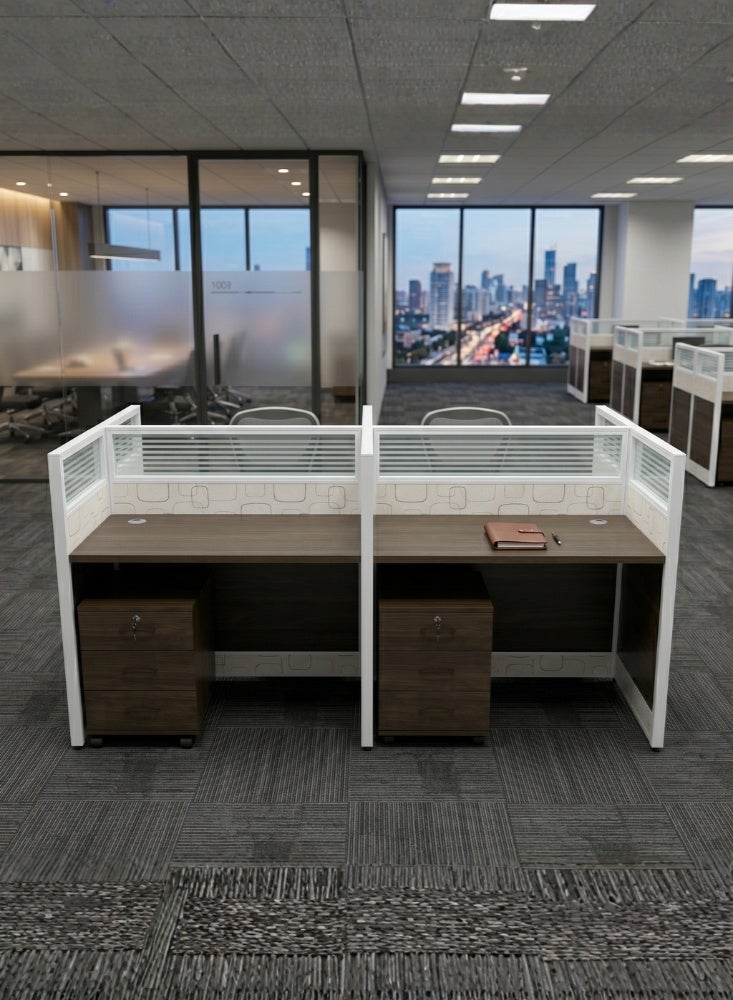 Karnak Neeya 4 Person Office Workstation Desk with Privacy Screen & Storage Drawers Computer Table for Office & Home (Walnut) - Image 1