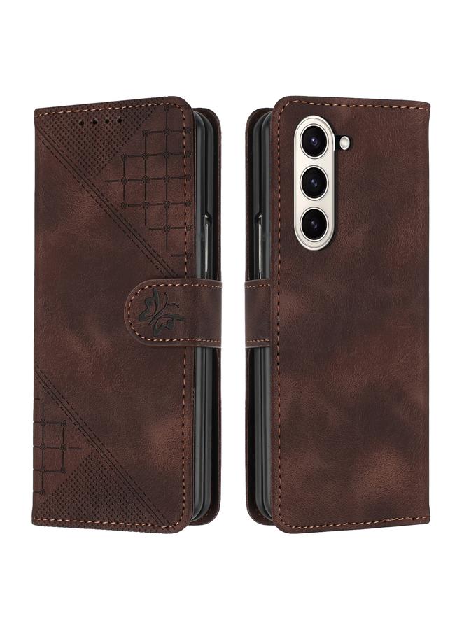 Green Tiger For Samsung Galaxy Z Fold6 YX0080 Grid Butterfly Embossed Pattern Flip Leather Phone Case with Lanyard(Coffee)