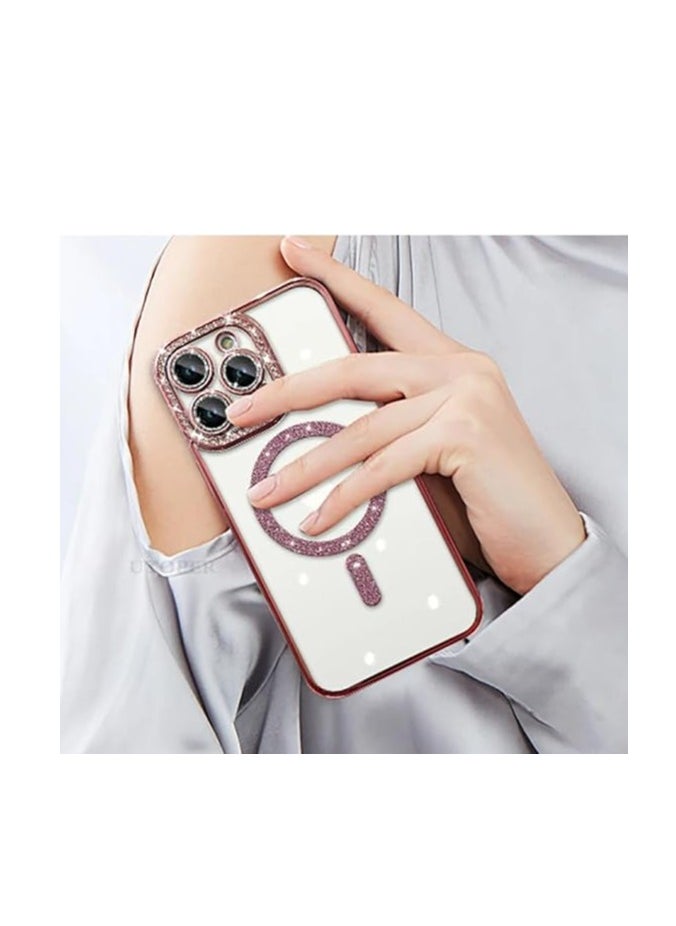 Generic - Cute iPhone 14 Pro Max Magnetic Glitter Case,Luxury Plating Bling Rhinestone Soft Clear TPU Bumper Case,Compatible with MagSafe and Camera Lens Protection Back Cover for Women Girls (Pink) - Image 1