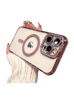 Cute iPhone 14 Pro Max Magnetic Glitter Case,Luxury Plating Bling Rhinestone Soft Clear TPU Bumper Case,Compatible with MagSafe and Camera Lens Protection Back Cover for Women Girls (Pink)