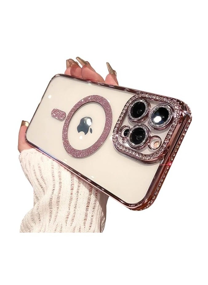 Generic - Cute iPhone 14 Pro Max Magnetic Glitter Case,Luxury Plating Bling Rhinestone Soft Clear TPU Bumper Case,Compatible with MagSafe and Camera Lens Protection Back Cover for Women Girls (Pink) - Image 1