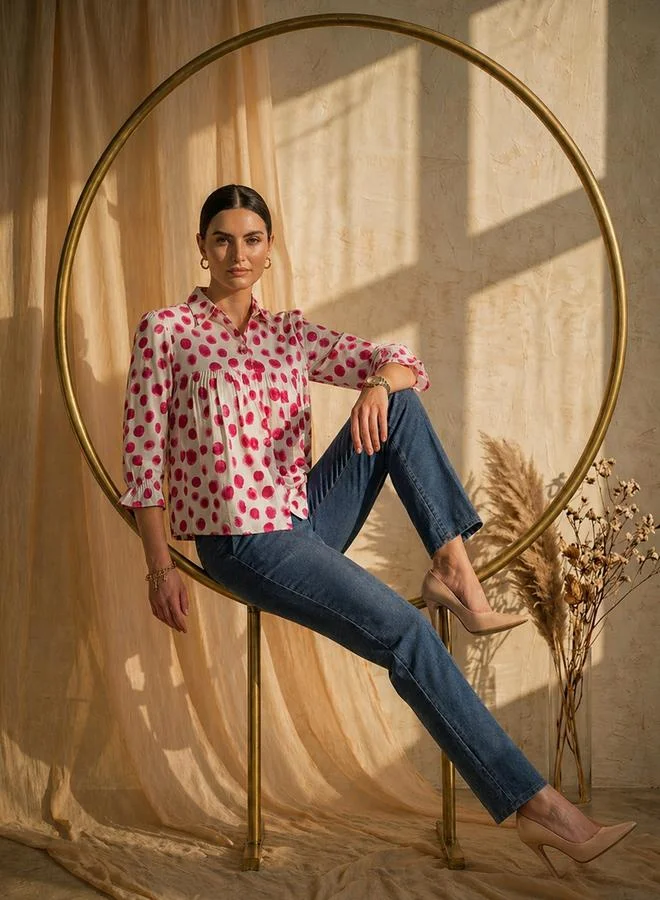 Mish White Gathered Yoke Top with Polka Dots