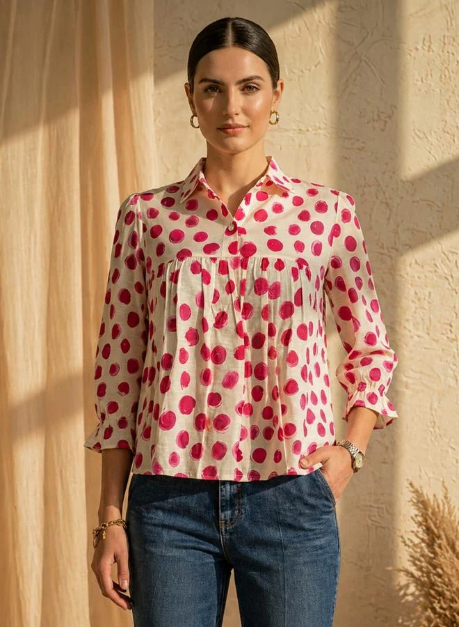 Mish White Gathered Yoke Top with Polka Dots
