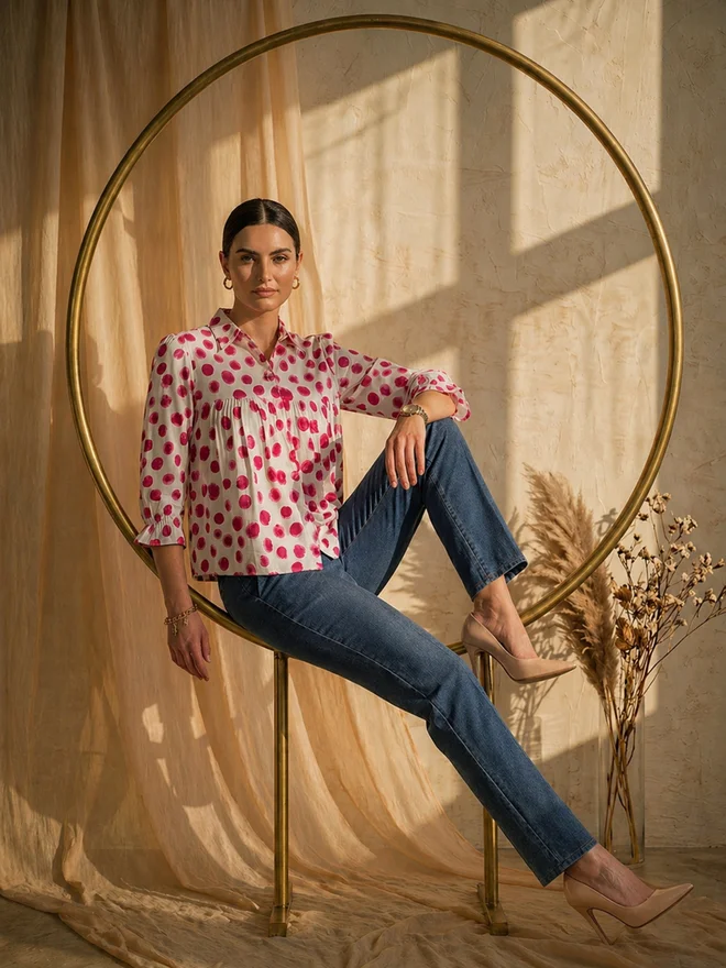 Mish White Gathered Yoke Top with Polka Dots