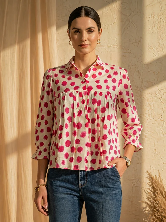 Mish White Gathered Yoke Top with Polka Dots