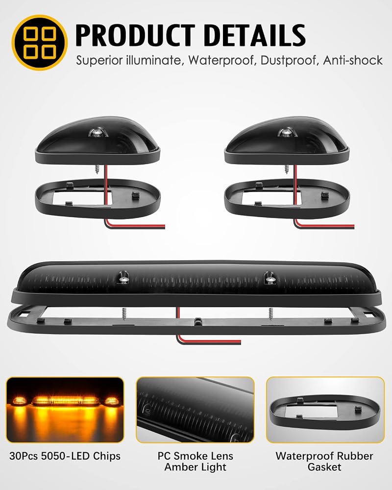 Partsam 3PCS 30LED Cab Marker Roof Running Lights Assembly Compatible with Silverado/Sierra 1500 1500HD 2500 2500HD 3500 2002-2007 Trucks Lights + Wiring Pack - Image 4