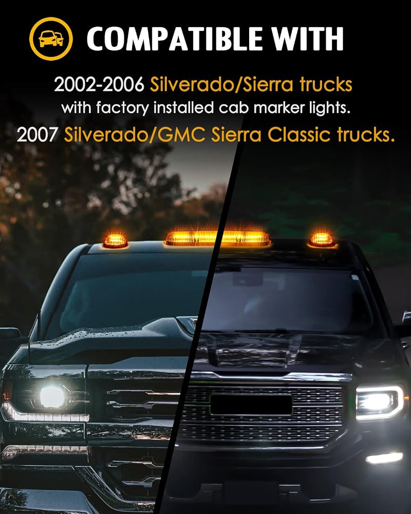 Partsam 3PCS 30LED Cab Marker Roof Running Lights Assembly Compatible with Silverado/Sierra 1500 1500HD 2500 2500HD 3500 2002-2007 Trucks Lights + Wiring Pack - Image 2