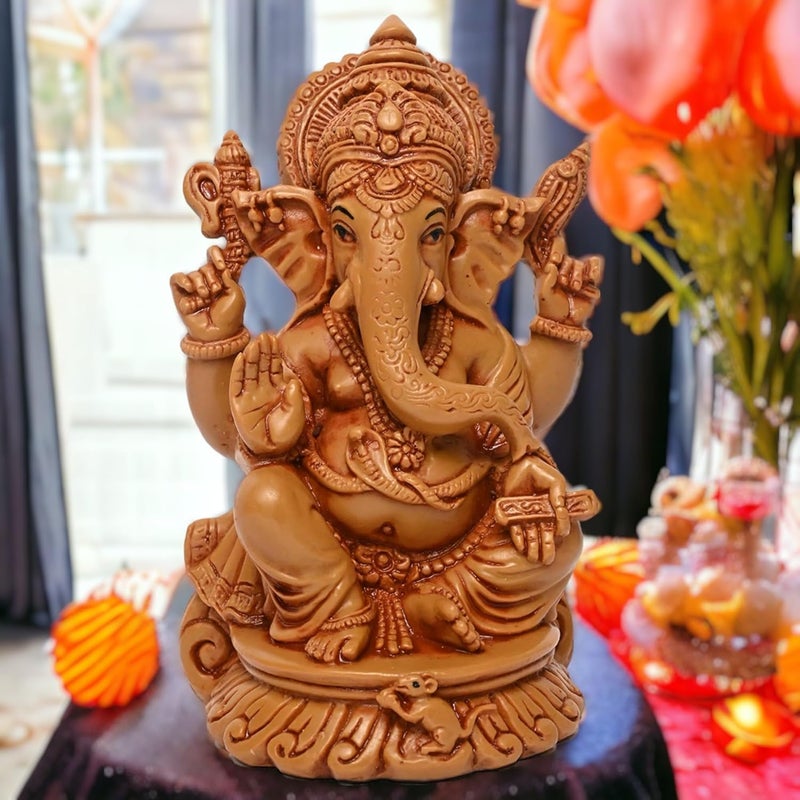 KariGhar Polyresin Ganesh Ganpati Bappa Idol perfect for Home Housewarming Drawing Room Bedroom Puja Ghar Gifting Decoration Brown7 x 9 x 14 Cm - Image 1