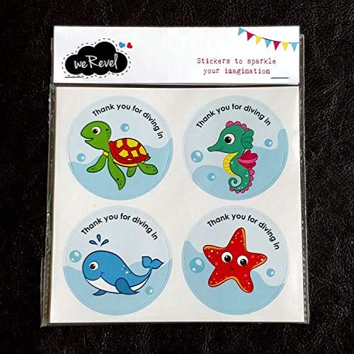 weRevel Paper Underwater Aqua Theme Thank You Party Stickers, 40 Count, 2 Inches, Round, 20 Unique Designs-Self-Adhesive - Image 2