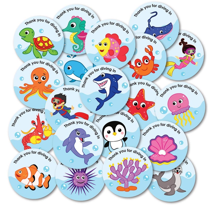 weRevel Paper Underwater Aqua Theme Thank You Party Stickers, 40 Count, 2 Inches, Round, 20 Unique Designs-Self-Adhesive - Image 5