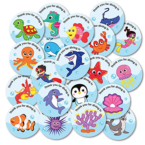 weRevel Paper Underwater Aqua Theme Thank You Party Stickers, 40 Count, 2 Inches, Round, 20 Unique Designs-Self-Adhesive - Image 1