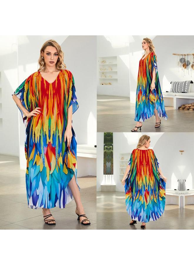 2024 European And American Rayon Printed Loose Plus Size Robe Beach Blouse Vacation Jumpsuit Long Skirt Sun Protection Shirt For Women-Color:DN1243-3 Parrot Feather-