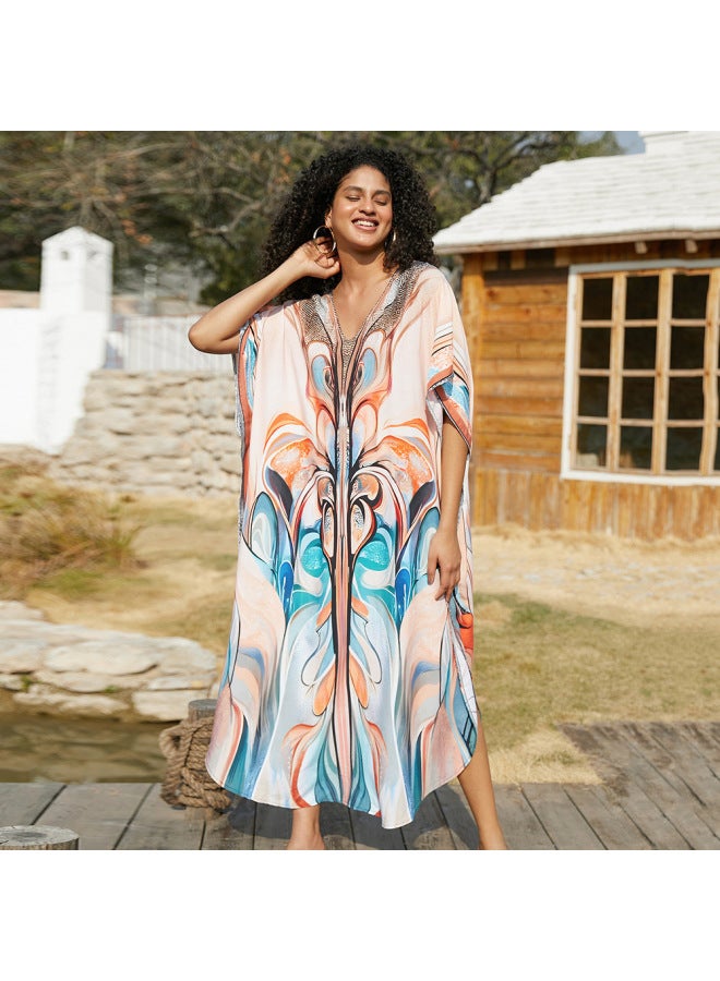 2024 European And American Rayon Printed Loose Plus Size Robe Beach Blouse Vacation Jumpsuit Long Skirt Sun Protection Shirt For Women-Color:DN1243-3 Parrot Feather-