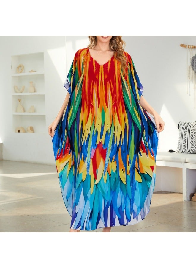 2024 European And American Rayon Printed Loose Plus Size Robe Beach Blouse Vacation Jumpsuit Long Skirt Sun Protection Shirt For Women-Color:DN1243-3 Parrot Feather-