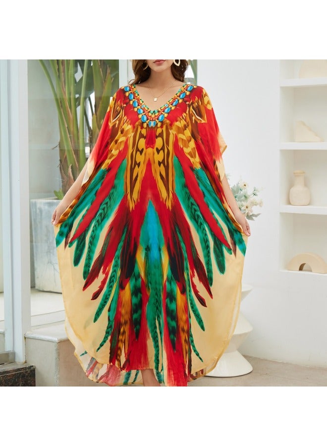 2024 European And American Rayon Printed Loose Plus Size Robe Beach Blouse Vacation Jumpsuit Long Skirt Sun Protection Shirt For Women-Color:DN1243-3 Parrot Feather-