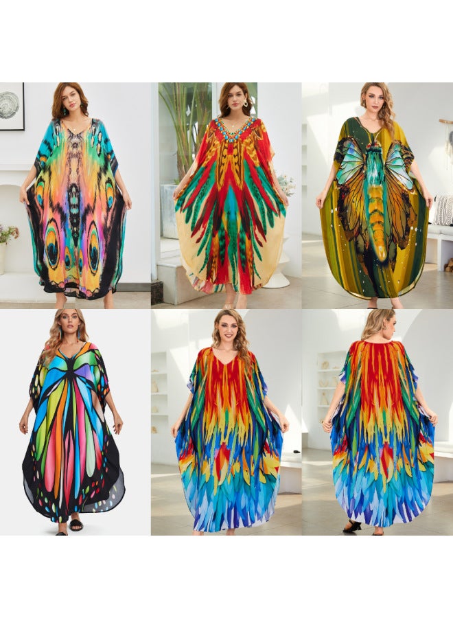 2024 European And American Rayon Printed Loose Plus Size Robe Beach Blouse Vacation Jumpsuit Long Skirt Sun Protection Shirt For Women-Color:DN1243-3 Parrot Feather-