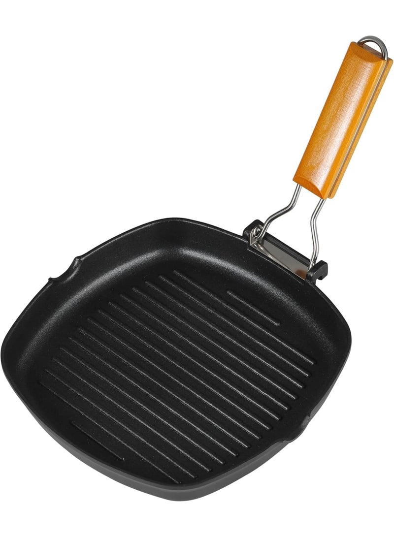 SYOSI Induction Griddle Pan, 24cm Cast Aluminium Non Stick Grill Pan with Folding Wooden Handle, Even Heat Distribution for Gas and Induction Hobs, Ideal for Camping BBQ Steak Burgers, Black - Image 1