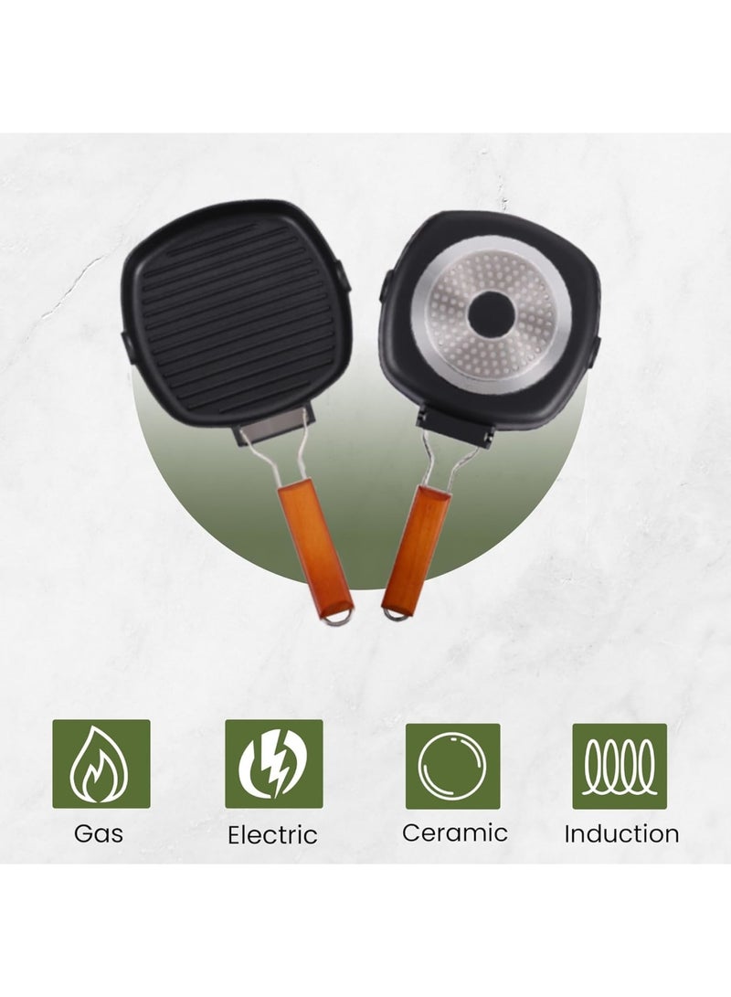 SYOSI Induction Griddle Pan, 24cm Cast Aluminium Non Stick Grill Pan with Folding Wooden Handle, Even Heat Distribution for Gas and Induction Hobs, Ideal for Camping BBQ Steak Burgers, Black - Image 3