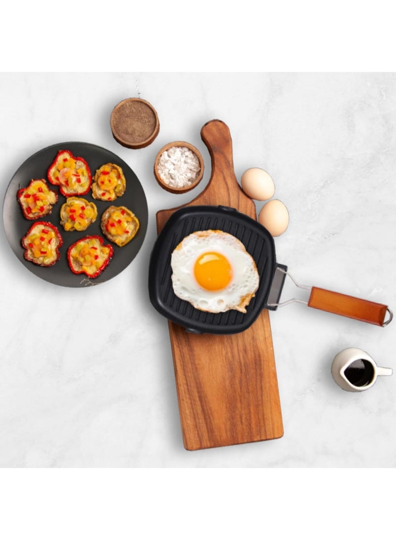 SYOSI Induction Griddle Pan, 24cm Cast Aluminium Non Stick Grill Pan with Folding Wooden Handle, Even Heat Distribution for Gas and Induction Hobs, Ideal for Camping BBQ Steak Burgers, Black - Image 4