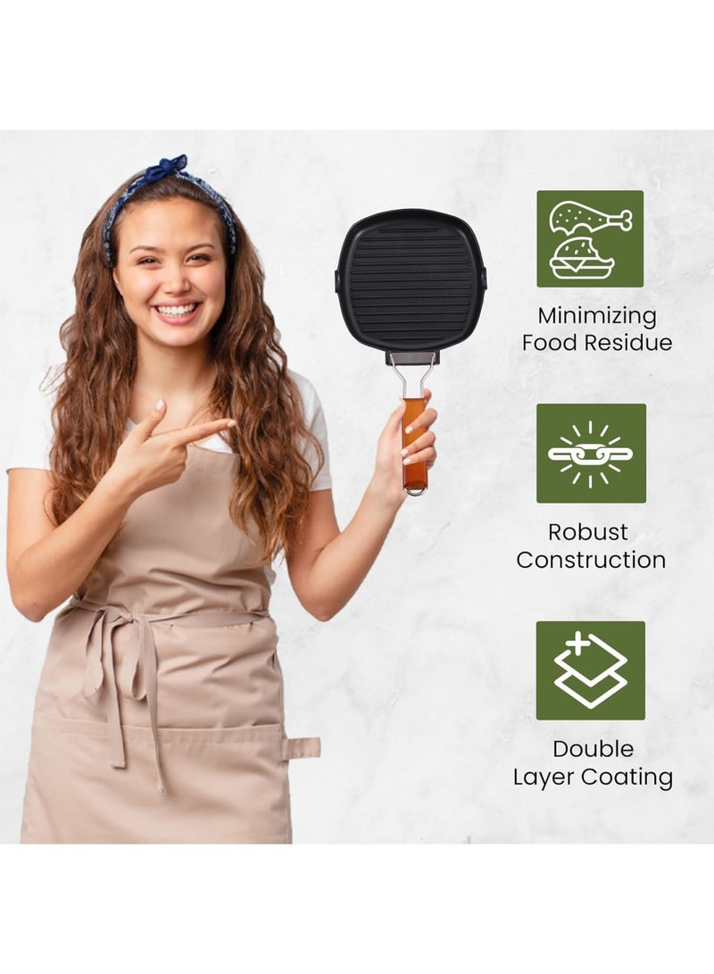 SYOSI Induction Griddle Pan, 24cm Cast Aluminium Non Stick Grill Pan with Folding Wooden Handle, Even Heat Distribution for Gas and Induction Hobs, Ideal for Camping BBQ Steak Burgers, Black - Image 2